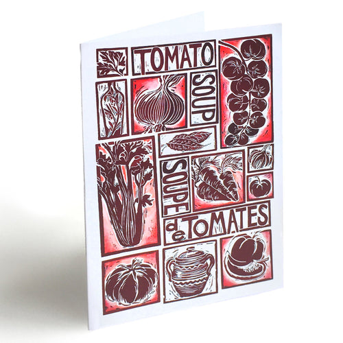 tomato soup illustrated recipe greetings card, lino cut by Kate Guy. Each image is an ingredient and the cooking instructions are on the back